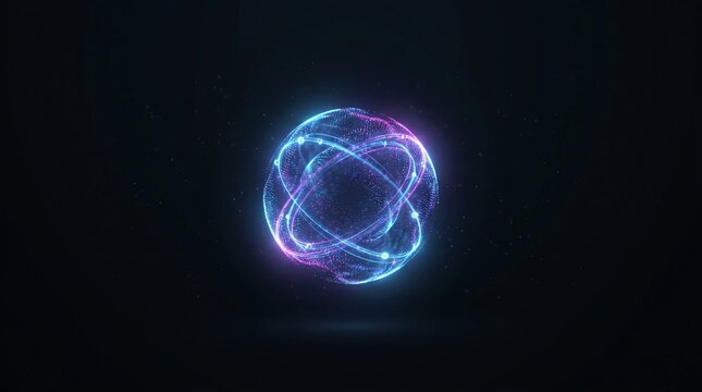 Glowing quantum qubit sphere with orbiting particles quantum computing concept