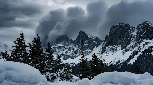 Dramatic heavy storm clouds rolling over snow capped mountain peaks, coniferous forest landscape, alpine weather, winter adventure climate