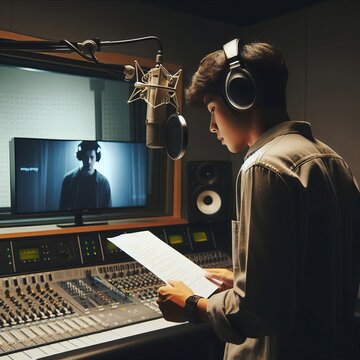 Fictional scene of a Thai voice actor dubbing a foreign film