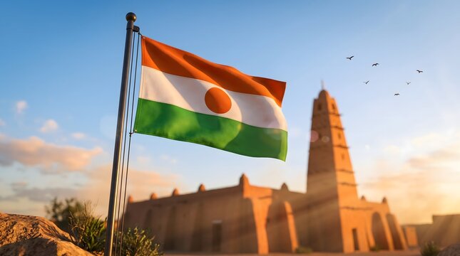 Niger national flag waving near the historic Agadez Mosque celebrating independence day