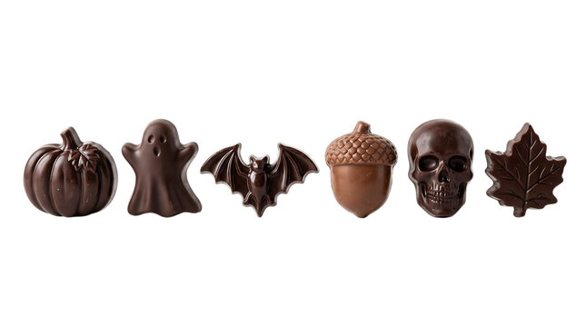 A row of assorted dark chocolate candies shaped like halloween and autumn themed icons isolated
