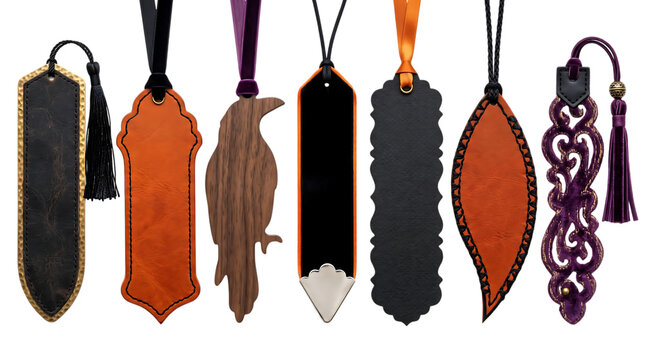 Collection of decorative bookmarks made from leather wood and metal isolated on a black background