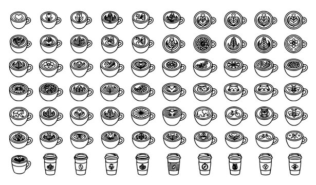 Latte Art Coffee Cup Monoline Icon Collection for Barista and Caf&eacute; Vector Illustration
