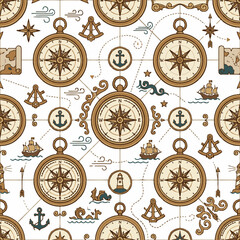 Obraz premium Seamless pattern with antique navigational instruments and compasses. EPS Editable. Vector Illustrations.