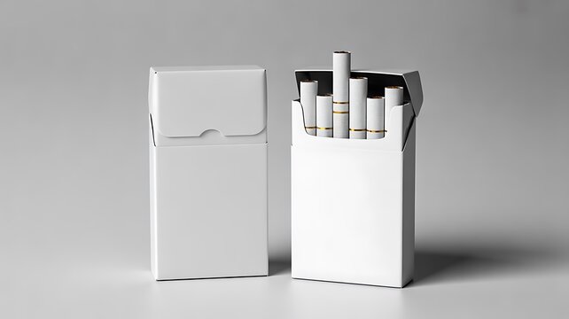 Minimal white cigarette package with cigarettes and blank branding on a clean gray background