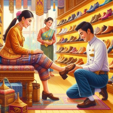 Concept art of a Thai shoe store clerk fitting a customer