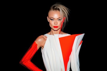 Fototapeta premium Futuristic Fashion Model in Avant-Garde Red and White Geometric Ensemble with Bold Makeup