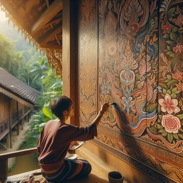 Creative composition of a Thai painter decorating a house