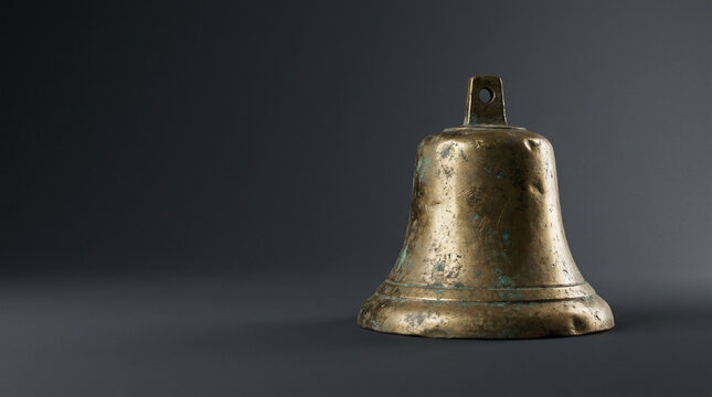 Aged brass hand bell with oxidised patina on dark grey background