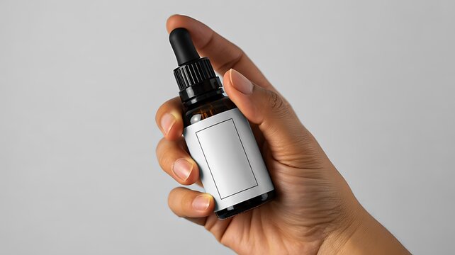Hand holding cosmetic dropper bottle for skincare and beauty treatment on a clean background