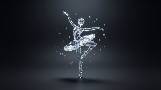 Elegant glass ballerina sculpture surrounded by floating water droplets, suitable for luxury branding, dance posters, art covers, and modern web banners.