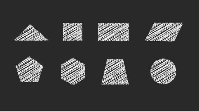 Chalk animation of a geometric collection featuring white scribbled shapes and figures.