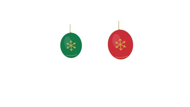 Red and Green Christmas Ornaments with Gold Snowflakes Swinging on White Background
