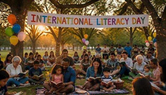 Diverse group of children and adults sitting on blankets in a park, reading books together under a banner celebrating International Literacy Day.