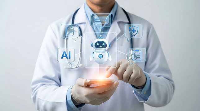 Doctor using AI chatbot interface for modern digital healthcare assistance