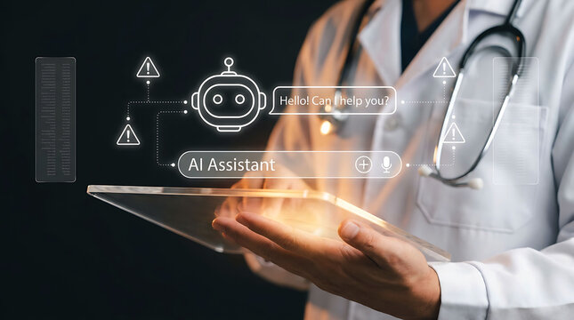Doctor using medical chatbot AI assistant interface on digital tablet