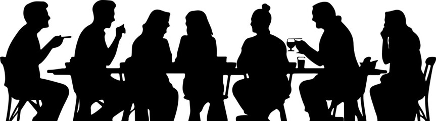 Naklejka premium Group of People Sitting at a Table Having Dinner and Talking Silhouette Vector Illustration