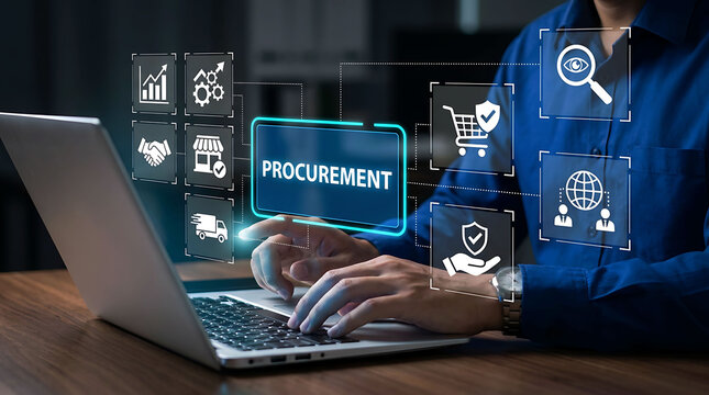 Businessman using laptop for online procurement management and logistics system