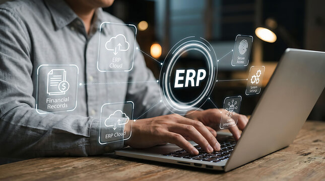 Businessman using ERP system on laptop for enterprise resource planning