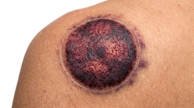 Macro close up of circular cupping therapy mark with dark red hematoma bruise on human shoulder skin