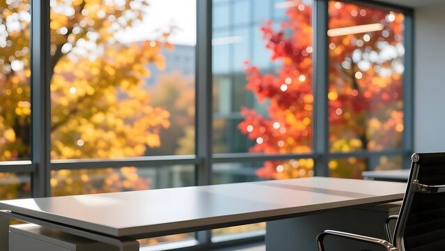 Modern office interior with empty desk, autumn foliage through large window, professional workspace with blurred fall trees
