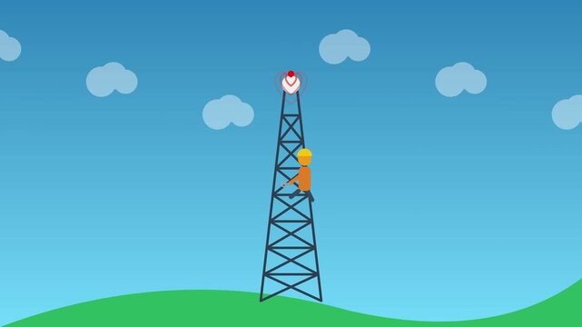 Technician Climbing Communication Tower Vector Illustration