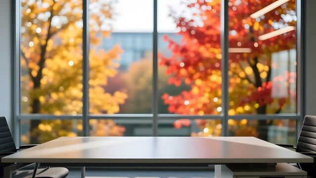 Modern office interior with empty desk, blurred autumn trees through window, professional workspace with fall foliage view