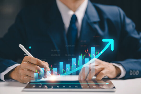 Business professional analyzes a rising financial chart on a digital tablet, illustrating investment growth, market performance, business analytics, profit, and economic success concept.