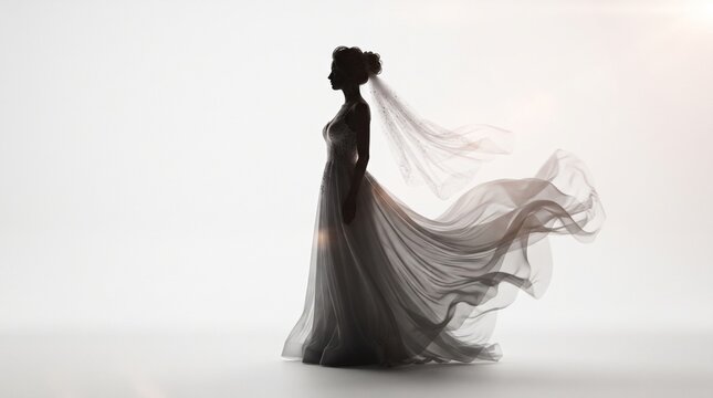 Elegant bride silhouette in a flowing gown with long veil, suitable for wedding invitations, bridal shop branding, fashion logos, and romantic event banners.