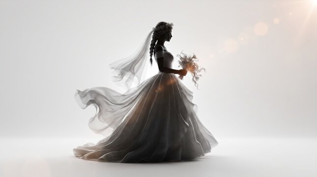 Elegant bride silhouette holding a bouquet in a flowing dress with lens flare, ideal for wedding invitations, bridal shop ads, and fashion banners.