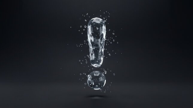 3D liquid water splash exclamation mark symbol on dark background