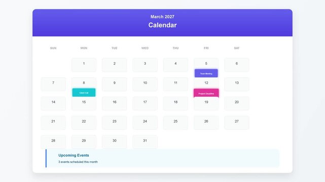 Calendar Interface with Scheduled Tasks and Monthly Events View
