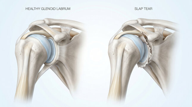 ​3D Medical Illustration Comparing Healthy Glenoid Labrum and SLAP Tear in Shoulder Joint