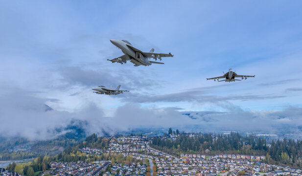 Three Fighter Jets Flying in Formation Over BC Canada Town &mdash; Military Aircraft 3D Rendering