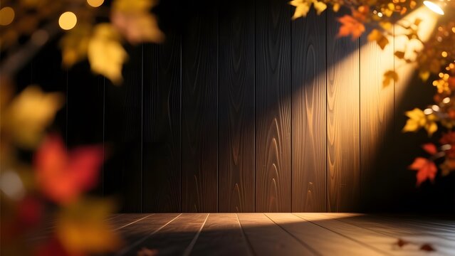 Autumn wooden background with sunbeam and fall leaves. Dark wood texture stage with golden sunlight. Seasonal foliage backdrop for product display.