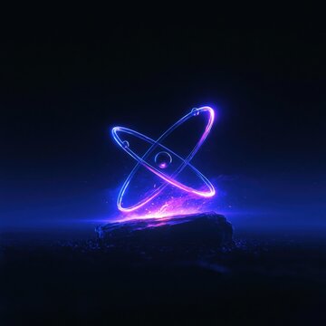 A futuristic abstract representation of an atom featuring glowing neon blue and purple electron orbits around a nucleus on a dark background.