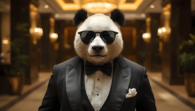 Dapper panda wearing sunglasses and tuxedo standing in a luxurious hotel lobby.