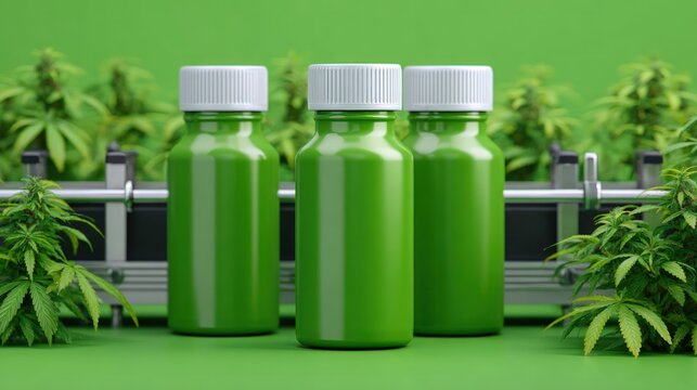 Green Plastic Bottles on Industrial Conveyor Belt in Cannabis Production Facility for Sustainable Botanical Product Manufacturing and Automated Processing