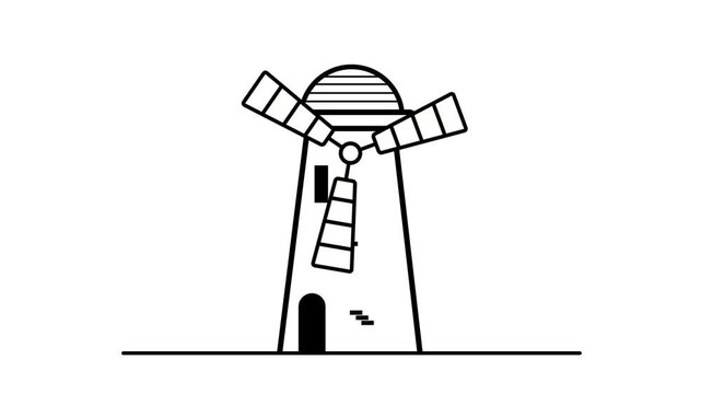Animated windmill with rotating propeller line icon. Machine operated by the force of wind animation. Mill grain, pump water. Outline element on white background. HD video with alpha channel