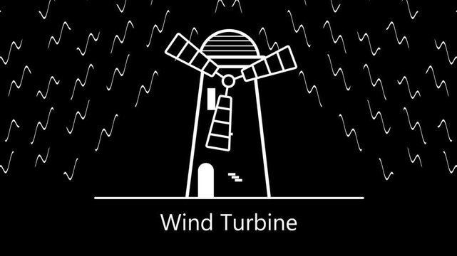 Animated windmill with rotating propeller line icon. Machine operated by the force of wind animation. Mill grain, pump water. Outline element on white background. HD video with alpha channel
