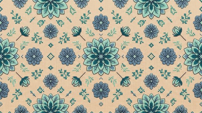 Cross stitch floral pattern seamless background with blue and teal flowers on beige fabric