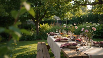 Fototapeta premium An outdoor garden party setup with a long dining table set on the lawn beneath leafy trees.