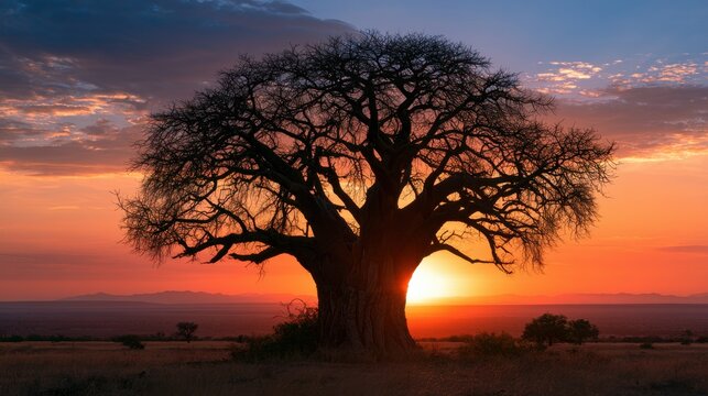 Baobab tree silhouetted against a glowing orange sun low on the horizon at dusk.