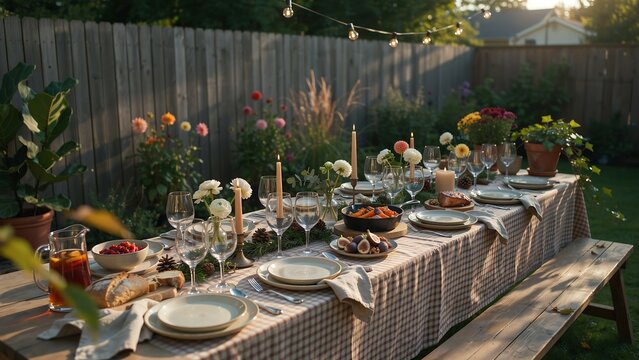 An outdoor picnic dinner party features an elegantly set long wooden table decorated with tapered candles, floral centerpieces, 