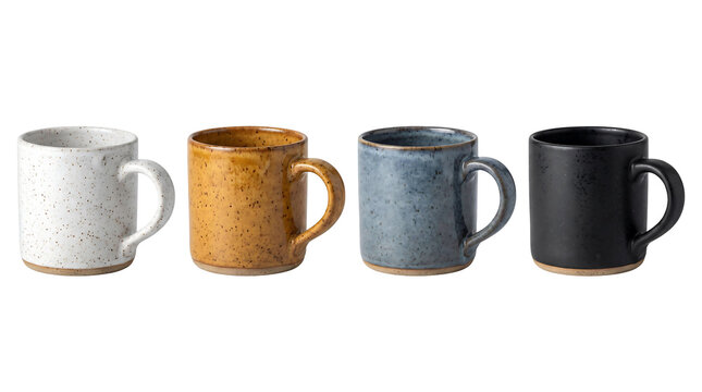 Four ceramic coffee mugs in various colors arranged in a row isolated element on transparent background