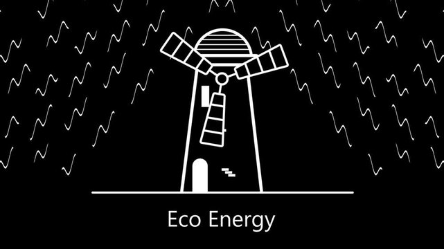 Animated windmill with rotating propeller line icon. Machine operated by the force of wind animation. Mill grain, pump water. Outline element on white background. HD video with alpha channel