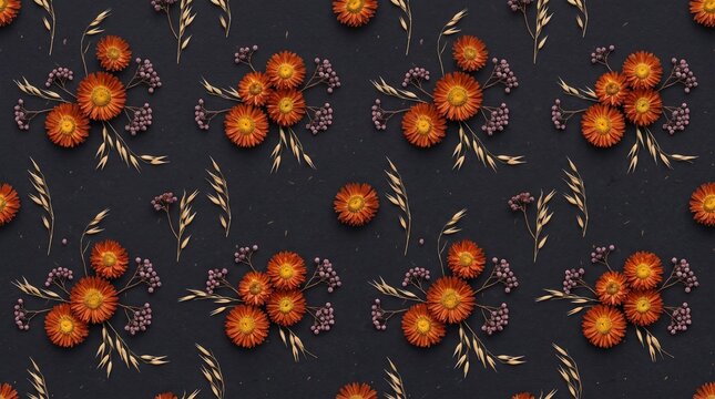 Seamless floral pattern with dried orange flowers and wheat on dark background top view