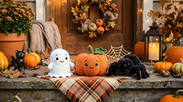 Cozy autumn themed crochet characters displayed on rustic wooden surface with seasonal decor with pumpkin posed checkered cloth beside autumnal decorations pumpkins