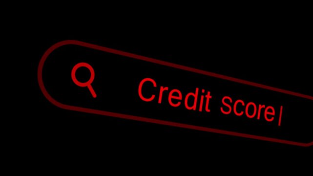 animation of a search bar with the partial phrase """"credit score"""" being typed. The search icon is visible on the left side.