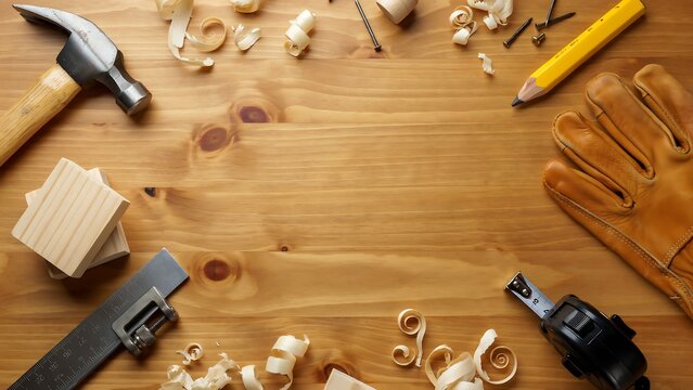 An assortment of common woodworking and carpentry hand tools, including a claw hammer with a wooden handle, arranged on a rustic wooden workshop background.